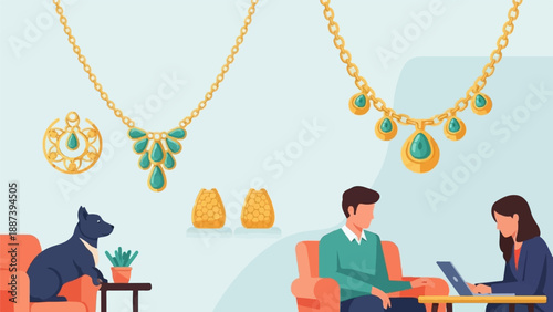 People discuss jewelry with a dog nearby in a modern setting