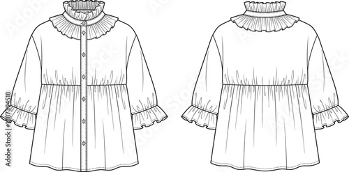 Technical fashion illustration of long sleeve baby dress with ruffled high collar and button front, front and back view, clean line art apparel flat sketch