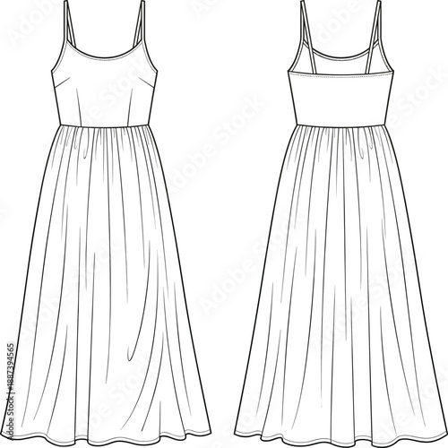 Technical fashion flat sketch of sleeveless spaghetti strap maxi dress with gathered waist and flowing skirt, front and back views, clean line art illustration