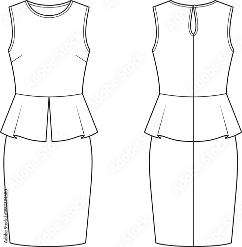 Technical fashion flat sketch of sleeveless peplum sheath dress with back keyhole detail, front and back views, clean line art apparel illustration