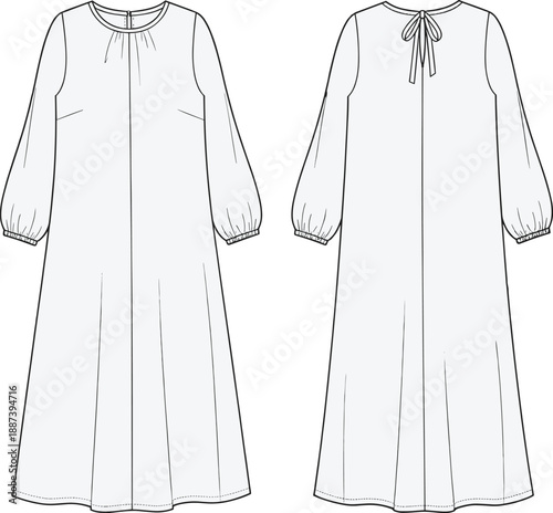 Technical fashion flat sketch of long sleeve maxi dress with balloon sleeves and tie back detail, front and back views, clean line art illustration