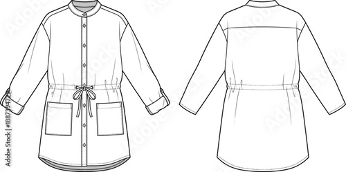 Technical fashion flat sketch of long sleeve button front shirt dress with drawstring waist and patch pockets, front and back views, clean line art illustration