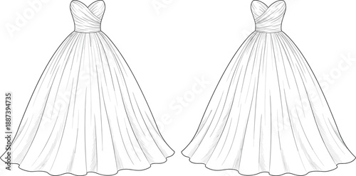 Technical fashion flat sketch of elegant strapless wedding gown with pleated full skirt, bridal dress front and back views, detailed clean line art illustration