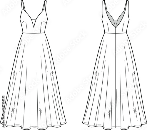 Technical fashion flat sketch of elegant sleeveless V-neck evening gown with fitted bodice and flared skirt, front and back views, line art illustration