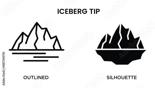 Iceberg tip outlined and silhouette vector illustration, representing the hidden part of iceberg under water