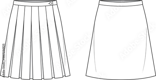 Pleated midi skirt technical fashion sketch, front and back view vector outline illustration for womens apparel design template production use