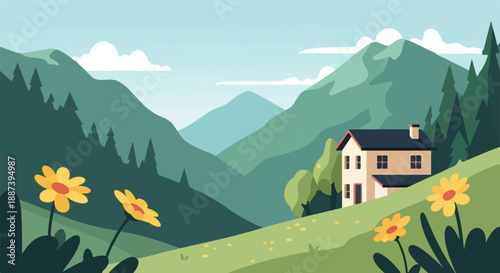 Peaceful mountain valley with a house, wildflowers, and evergreen trees under a blue sky