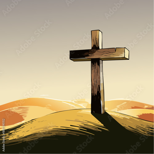 Artistic rendering of a wooden Christian cross with blue highlights.