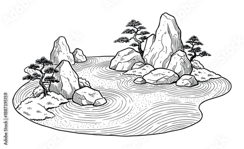Japanese rock garden illustration with rocks, plants, and raked gravel design for relaxation and meditation