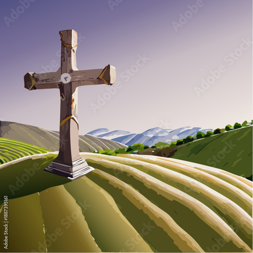 A solitary wooden Christian cross standing as a symbol of faith.