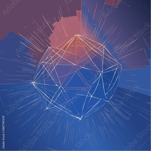 Complex blue wireframe geodesic sphere with radiating energy lines.