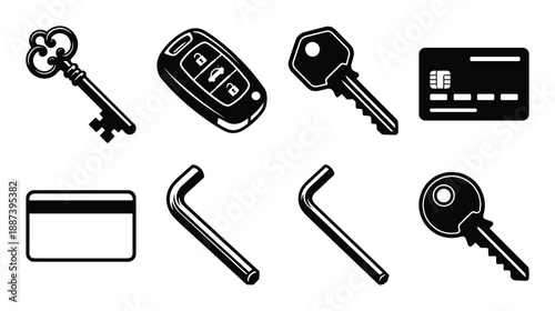 Keys and Cards Vector Illustration: Skeleton Key, Car Key, House Key, Credit Card, Blank Card, Allen Wrench