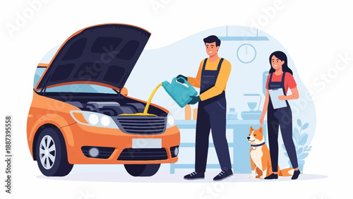 Mechanic adding oil to an open-hood car with a colleague and dog nearby