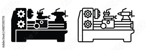 Lathe machine icon, metalworking machinery with gears and tool head for industrial manufacturing and mechanical work