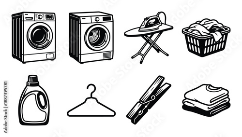 Laundry icons set vector illustration. Washing machine, dryer, iron, basket, detergent, hanger, clothespins, clothes.