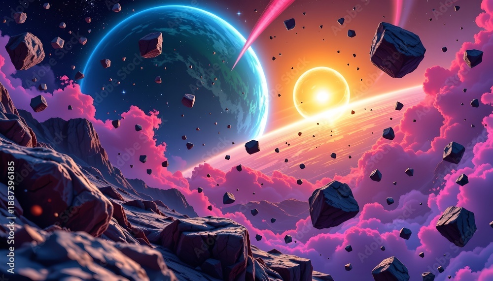 Obraz premium Vibrant Interplanetary Scene with Asteroids and Nebula Background