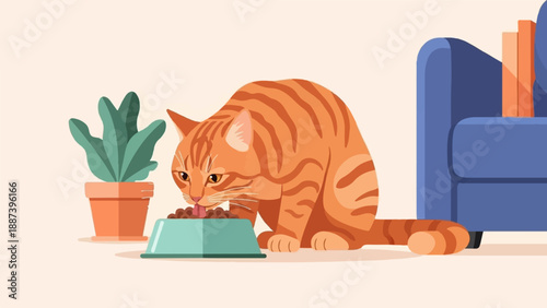 Orange striped cat eats from a mint green bowl next to a potted plant and sofa
