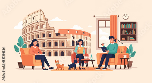 People and dogs relax inside with Colosseum view