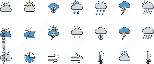 Professional meteorology icon set with various climate conditions like sunny rainy cloudy and freezing temperatures for digital web.