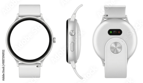 White round smartwatch three view realistic 3D vector mockup