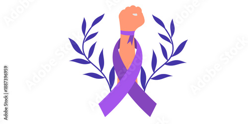 Empowering woman with purple ribbon and leafy branches