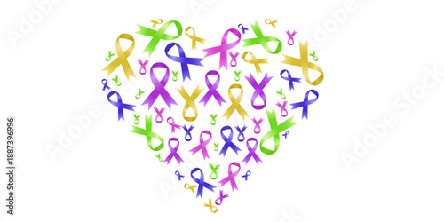 Vibrant heart shaped awareness ribbons in multiple colors