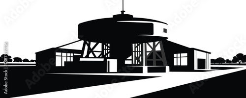 Smart farming central control hub and warehouse silhouette. Extreme contrast black and white vector of agritech infrastructure for industrial plantation management and agribusiness SaaS