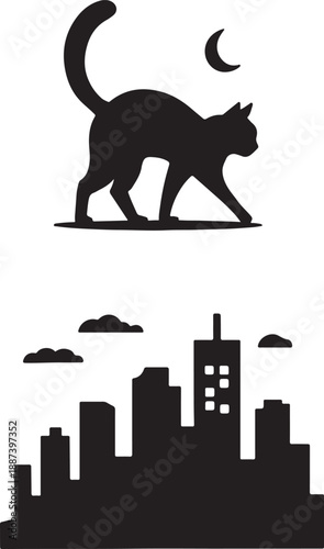 Black cat silhouette walking towards a cityscape under a crescent moon