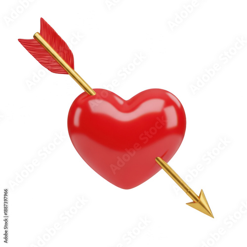A golden arrow piercing a vibrant red heart isolated on transparent background