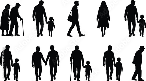 People walking silhouettes set, men women seniors and children together, family lifestyle scenes, black vector illustration collection isolated on white