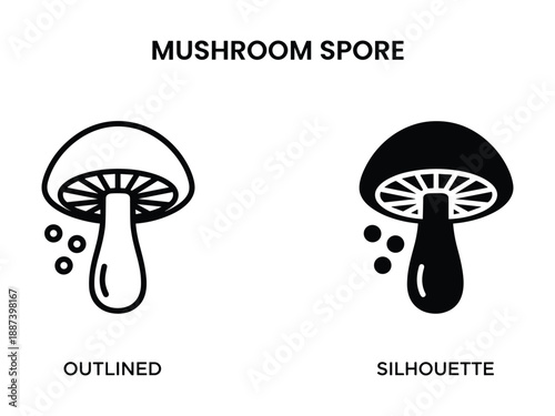 Mushroom Spore Illustration: Outlined and Silhouette, fungal reproduction elements for botanical education