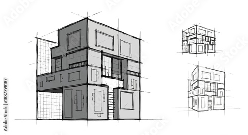 Modern Architectural Sketch of a Contemporary Multi-Story House Design Concept. Modular Building Planning and Perspective Drawing on White Background.