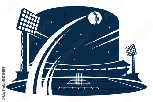 Captivating night cricket match illustration featuring a dynamic stadium, brilliant floodlights, and a soaring ball in active play