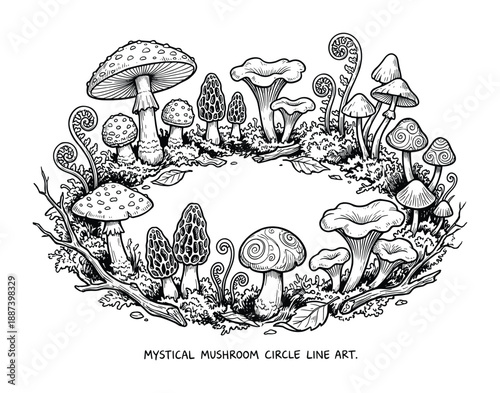 Mystical Mushroom Circle Line Art Vector Illustration, Mushroom Variety, Forest Fungi, Hand Drawn, Monochrome, Whimsical.