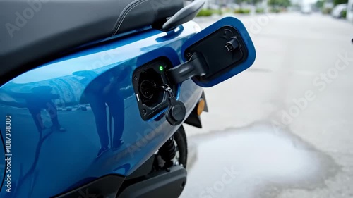 Close Up Of Hands Plugging Charging Cable Into Blue Electric Scooter Outdoor Daytime Natural Lighting Detailed View Of Charging Port And Connector