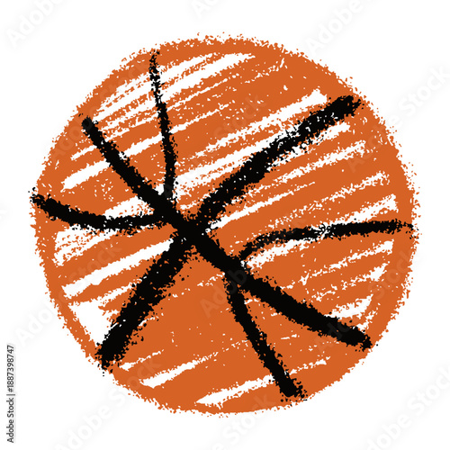 Cute hand drawn basketball ball in childlike chalk style for kindergarten and kids projects, playful scribbles with soft texture, naive scrapbook whimsical doodle vector illustration isolated on white