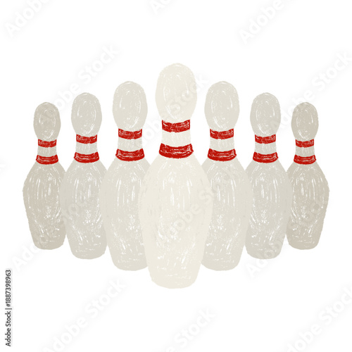 Hand drawn bowling pins set in chalk style with rough texture and playful scribbles, naive grunge doodle vector illustration, scrapbook friendly design isolated on white.