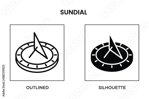 Outlined and silhouette sundial illustration, vintage timekeeping device