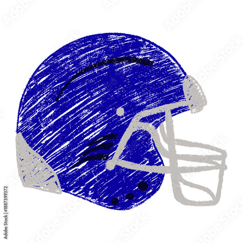 Simple hand drawn blue american football helmet in childlike chalk style with soft texture and minimal details, playful naive doodle vector illustration, scrapbook friendly element isolated.