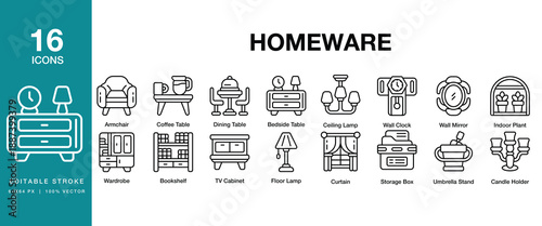 Homeware icon set. Includes homeware, household, decor, kitchen, interior, furniture and More. Editable Stroke Icon Collection.