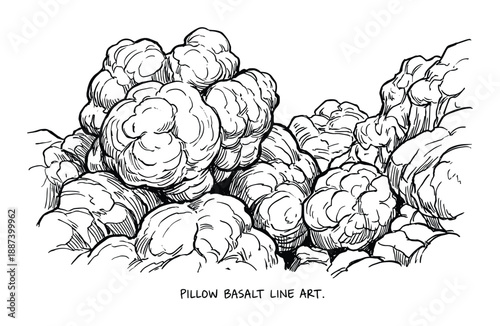 Pillow basalt line art, geological formation sketch illustration. Underwater volcanic lava rock structure in line drawing.