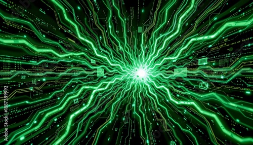 swirling circuits, jagged shards of neon green energy, and fragmented digital grids that pulse with life, These graphics evoke a sense of chaotic innovation and resistance