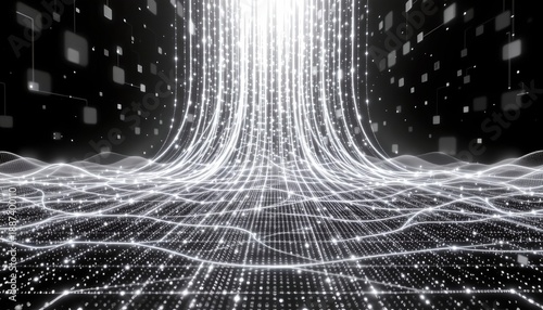 flowing lines of luminous data streams, geometric patterns, or shimmering grids that hint at advanced technology and innovation, Positioned at the top of the position