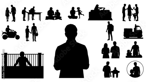 Family moving into new home vector illustration, flat design family silhouette with furniture and boxes, relocation concept scalable graphic