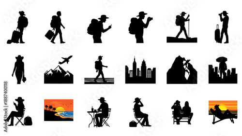 Travel and vacation icons set with landmarks and activities flat design vector illustration