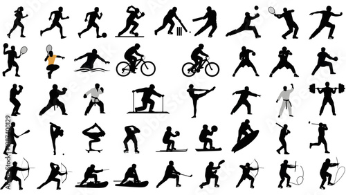 Sports equipment and fitness icons set flat design vector illustration isolated on black background