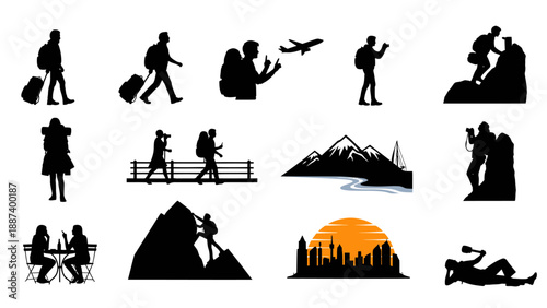 Global travel and business success vector illustration with airplane, skyline, and mountain adventure flat design