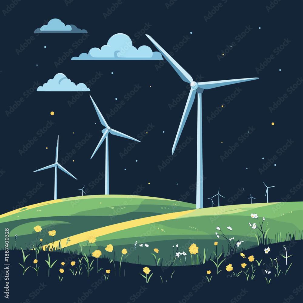 Fototapeta premium Wind turbines clean energy farm. Cloud sky green field. Green power sustainable solution. Simple line art dark background vector illustration , vector style simple color