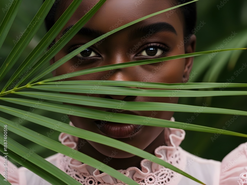 Obraz premium This lush green close-up portrait captures a mysterious young black woman looking intensely from behind a sharp palm frond in a tropical location.