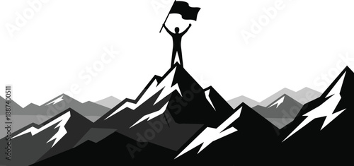 Mountain peak victory silhouette illustration, person holding flag on summit, success leadership achievement, business motivation goal, challenge triumph concept